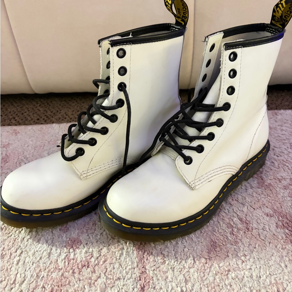 Dr. Martens White Leather Lace-Up Combat Boots with Black Trim